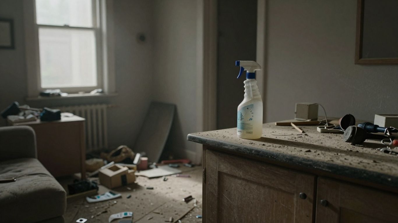 Messy apartment interior after move-out, dusty and uncleaned.