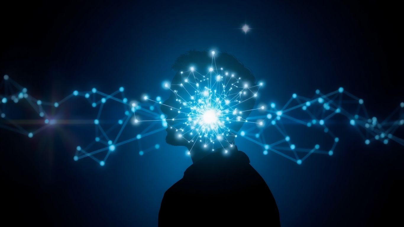 Person interacting with a glowing AI knowledge network.