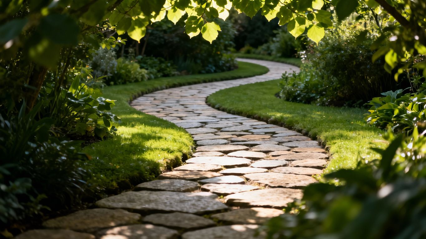 蜿蜒的花园小径，绿意盎然，阳光斑驳。