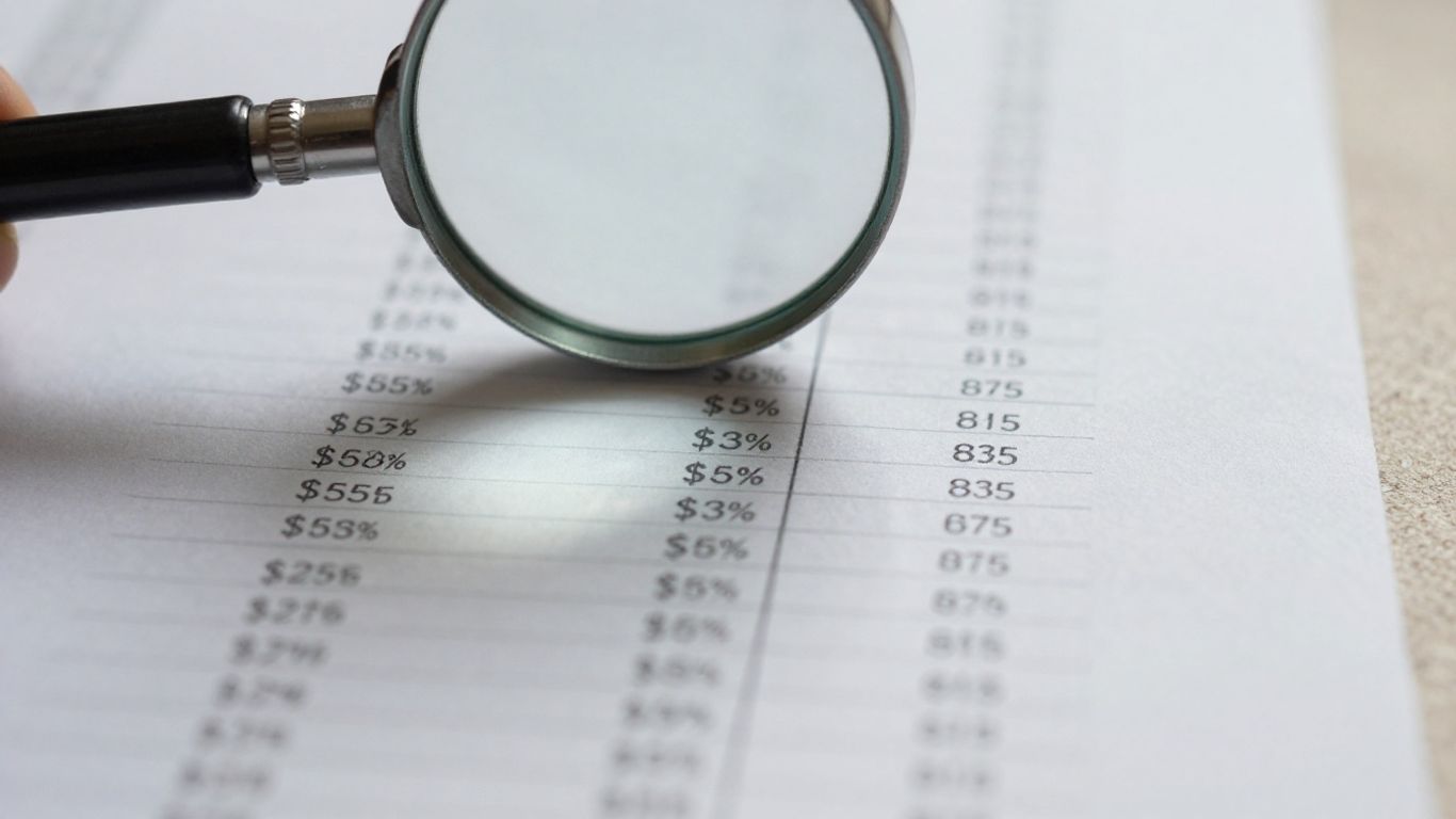 Magnifying glass over financial document with numbers.