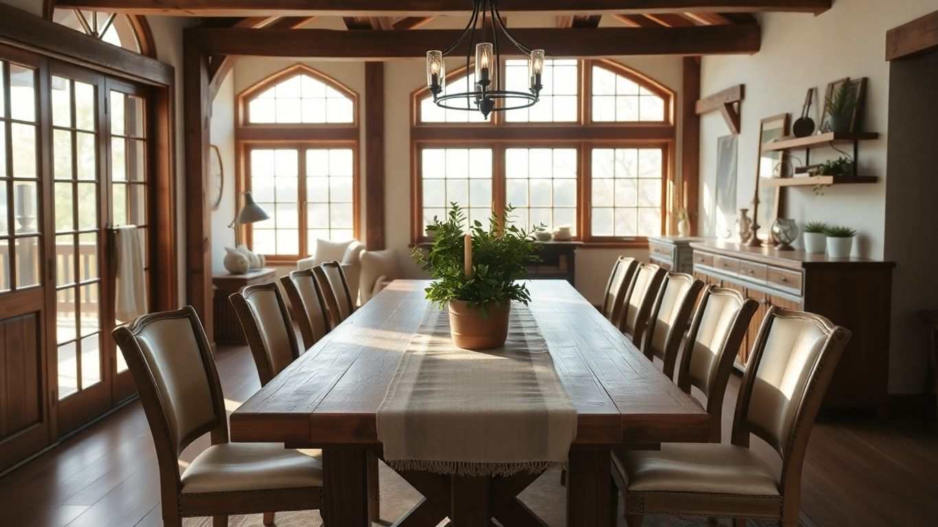 Rustic farmhouse dining table in cozy, sunlit room