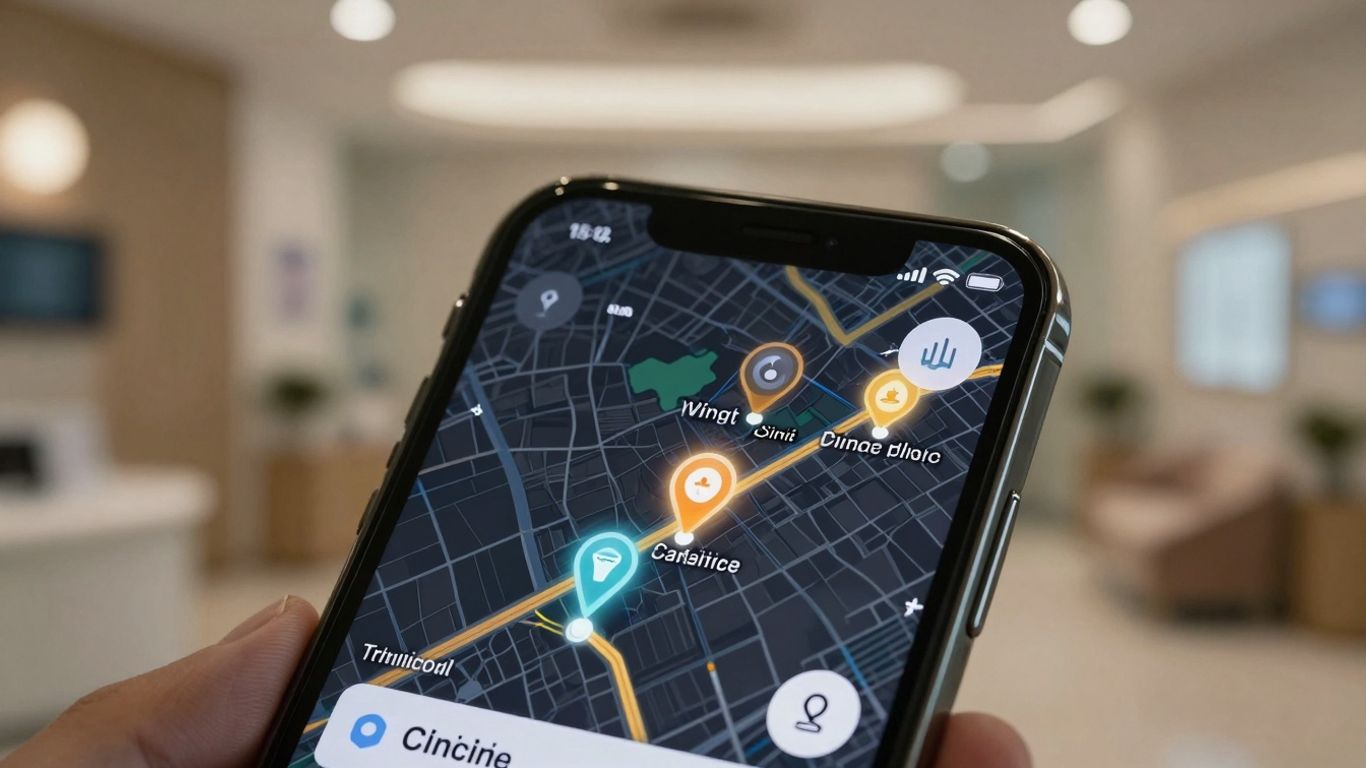 Smartphone showing clinic map pins with blurred clinic interior background.