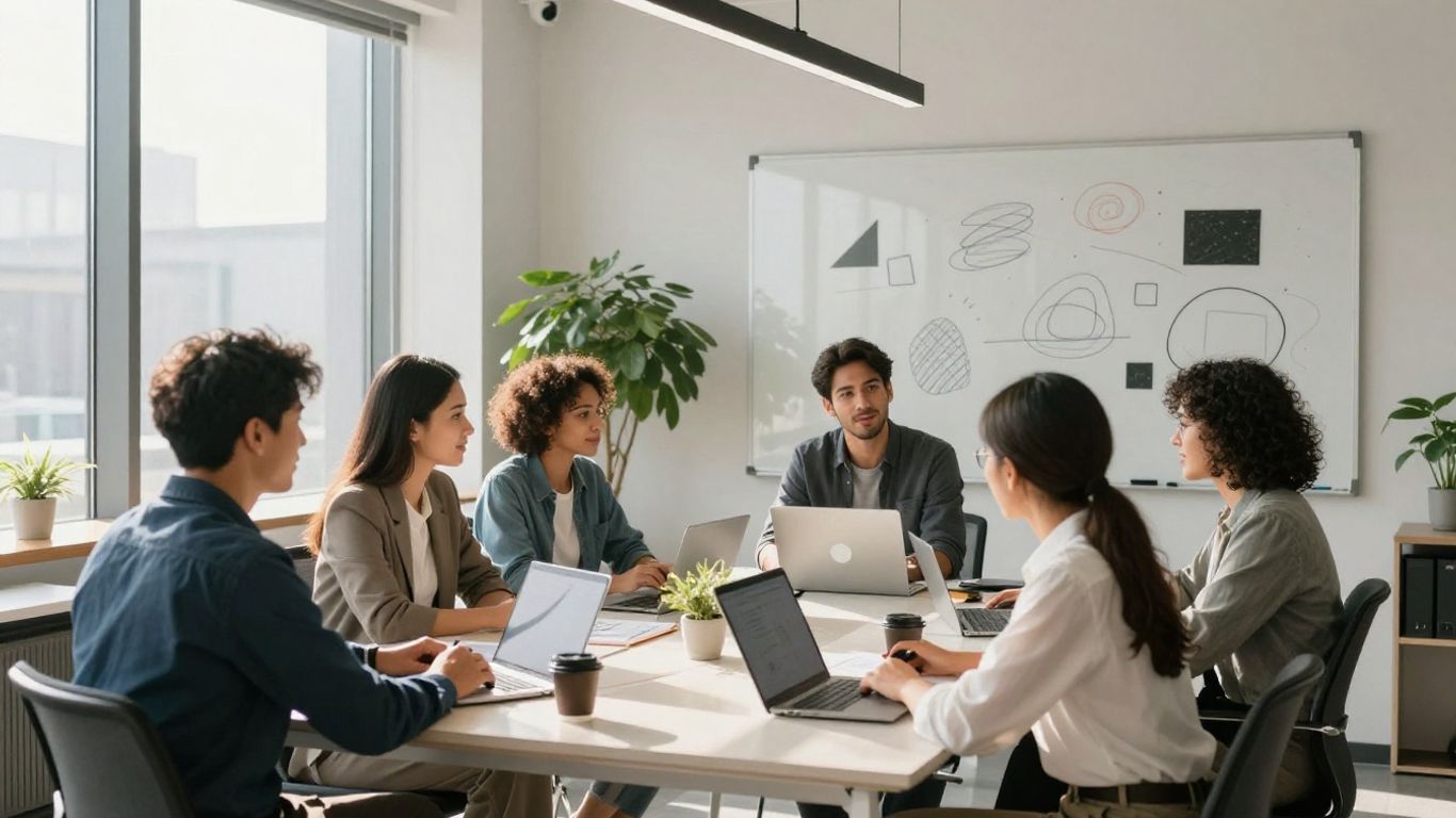 Team collaborating in a bright, modern office space.