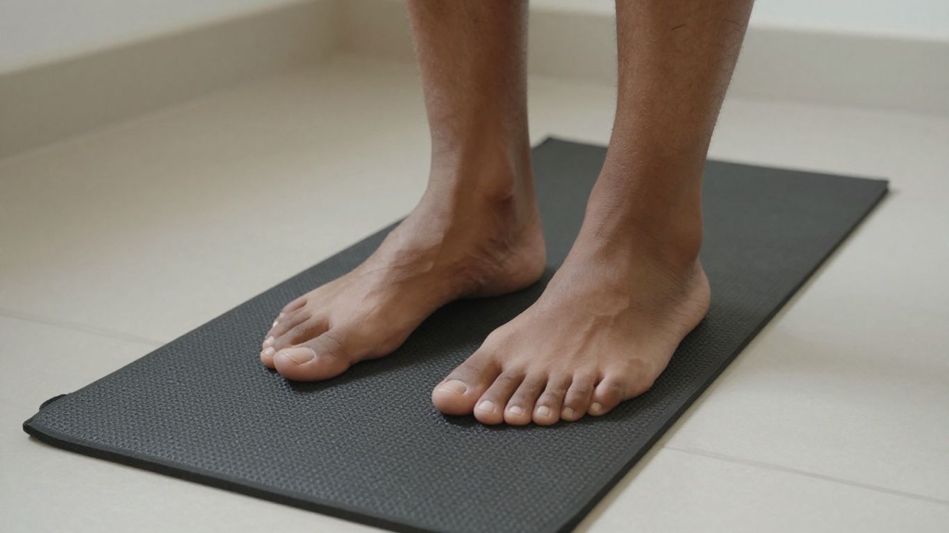 Bare feet on a grounding mat for nervous system regulation.