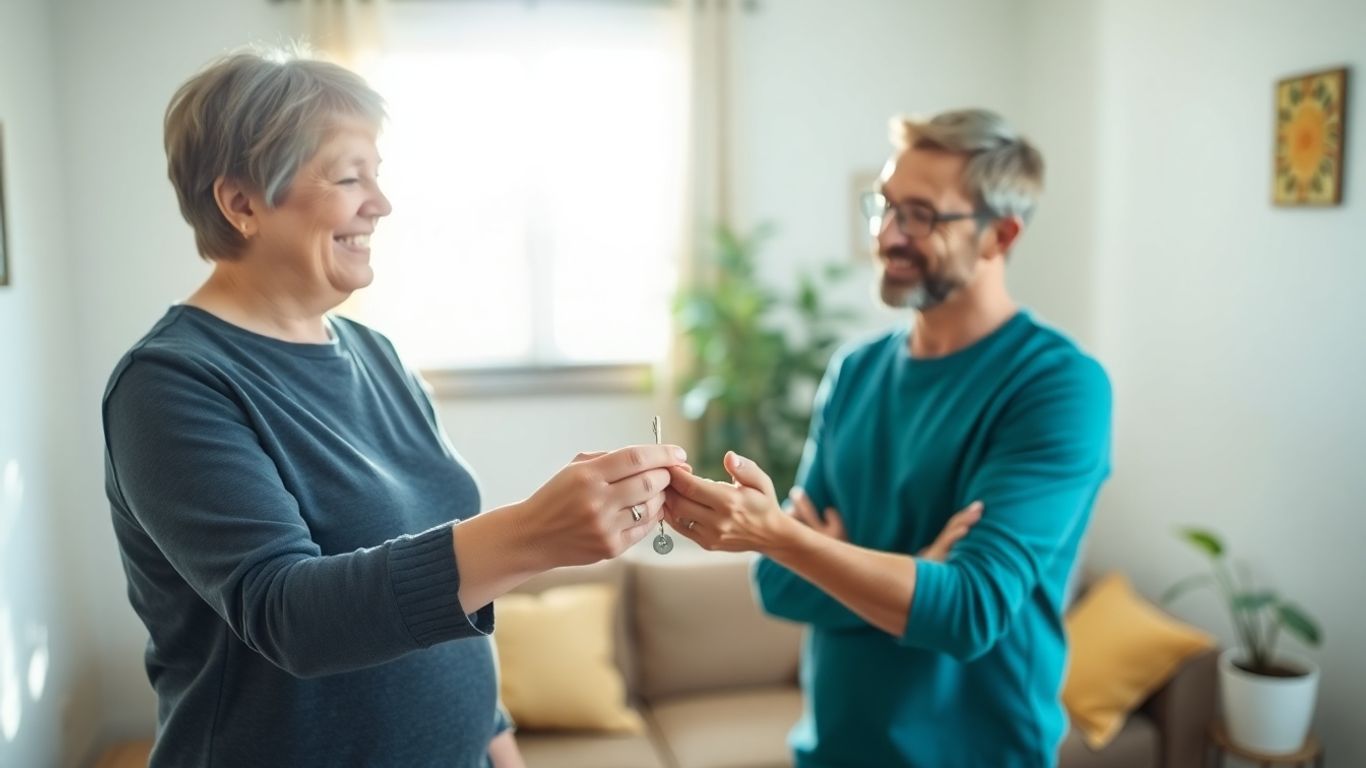 Eltern übergeben Schlüssel an Kind für Hausübertragung