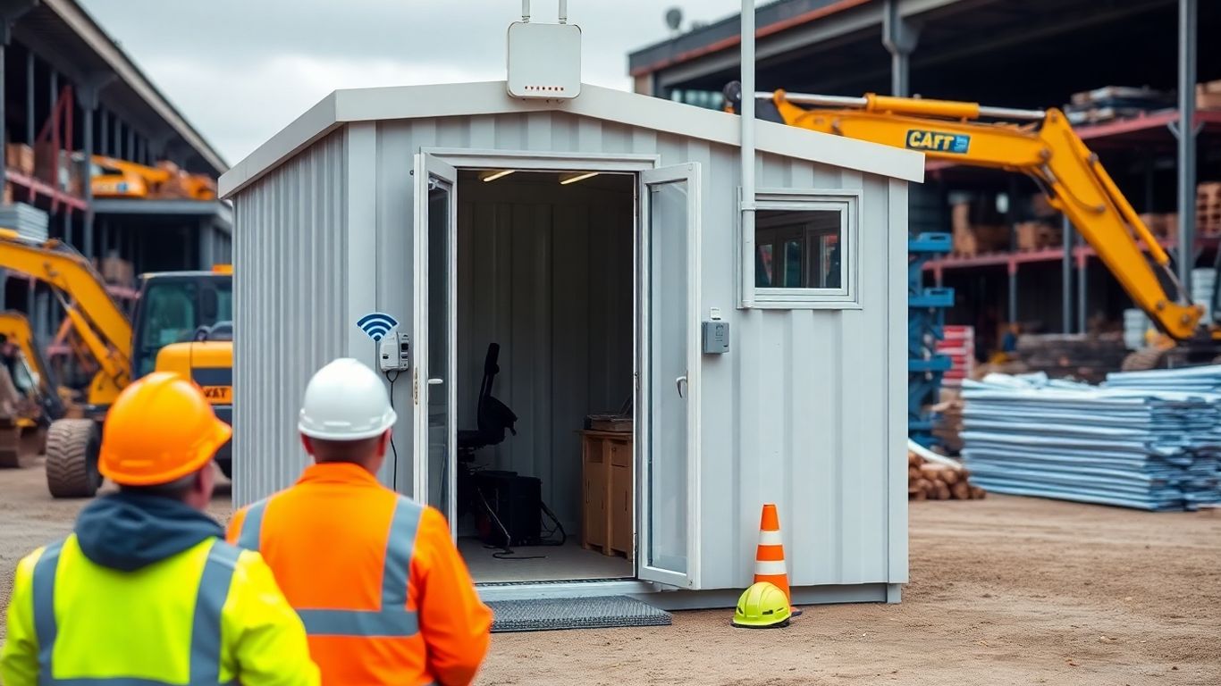 Temporary site cabin with Wi-Fi setup in construction depot