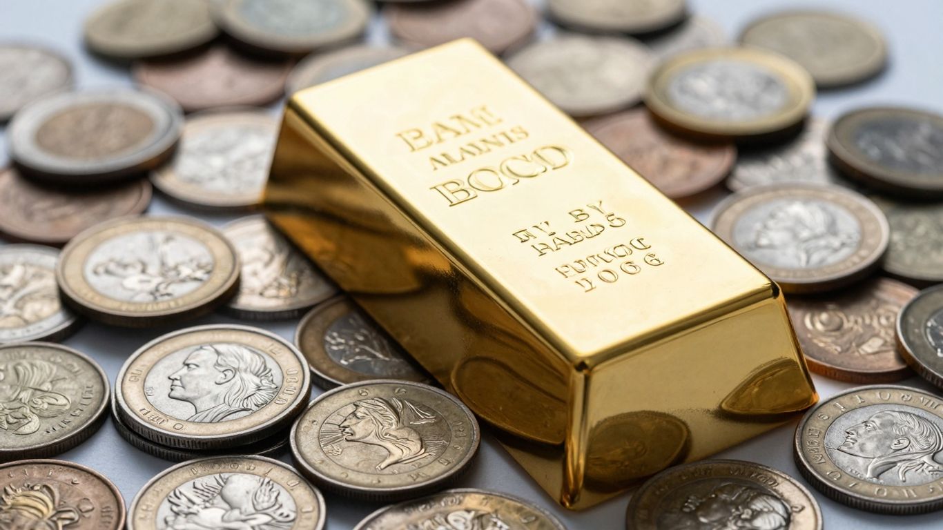 金条与其他各种货币和硬币混杂在一起。