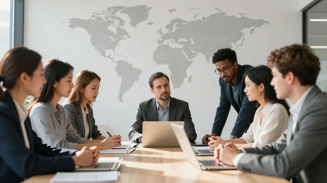 Mensen werken samen aan een tafel met wereldkaart.