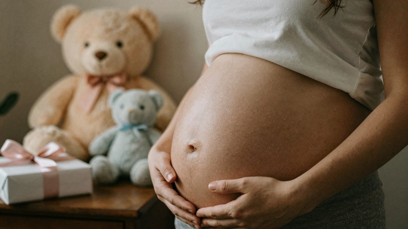 Trudnica drži stomak, okružena poklonima za bebe.