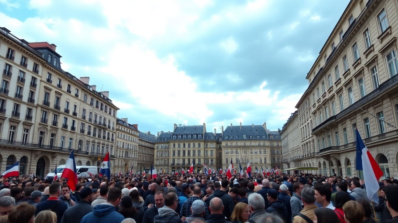 Manifestation en France, foule rassemblée dans une ville.