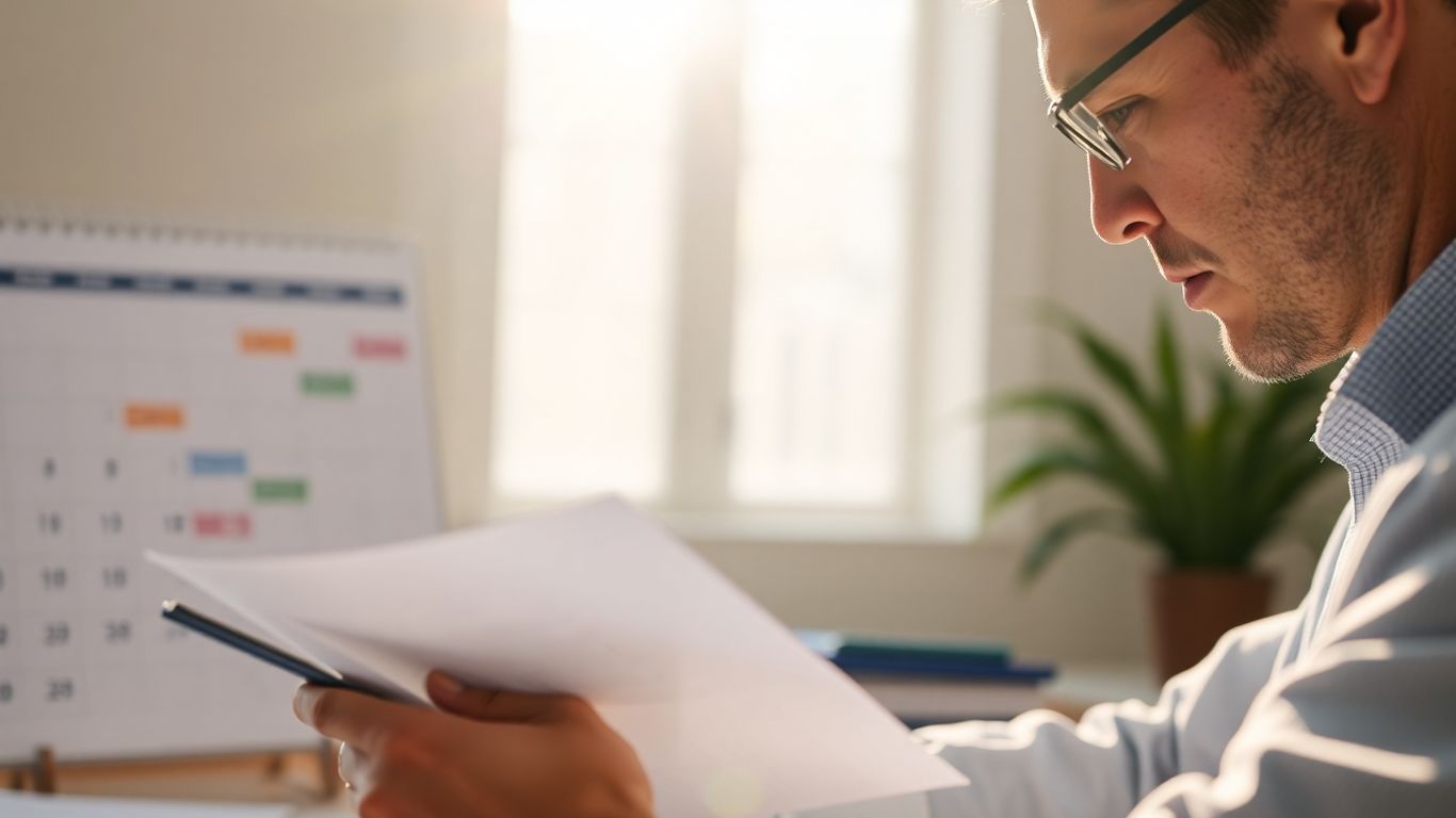 Personne examinant des documents avec un calendrier en arrière-plan.
