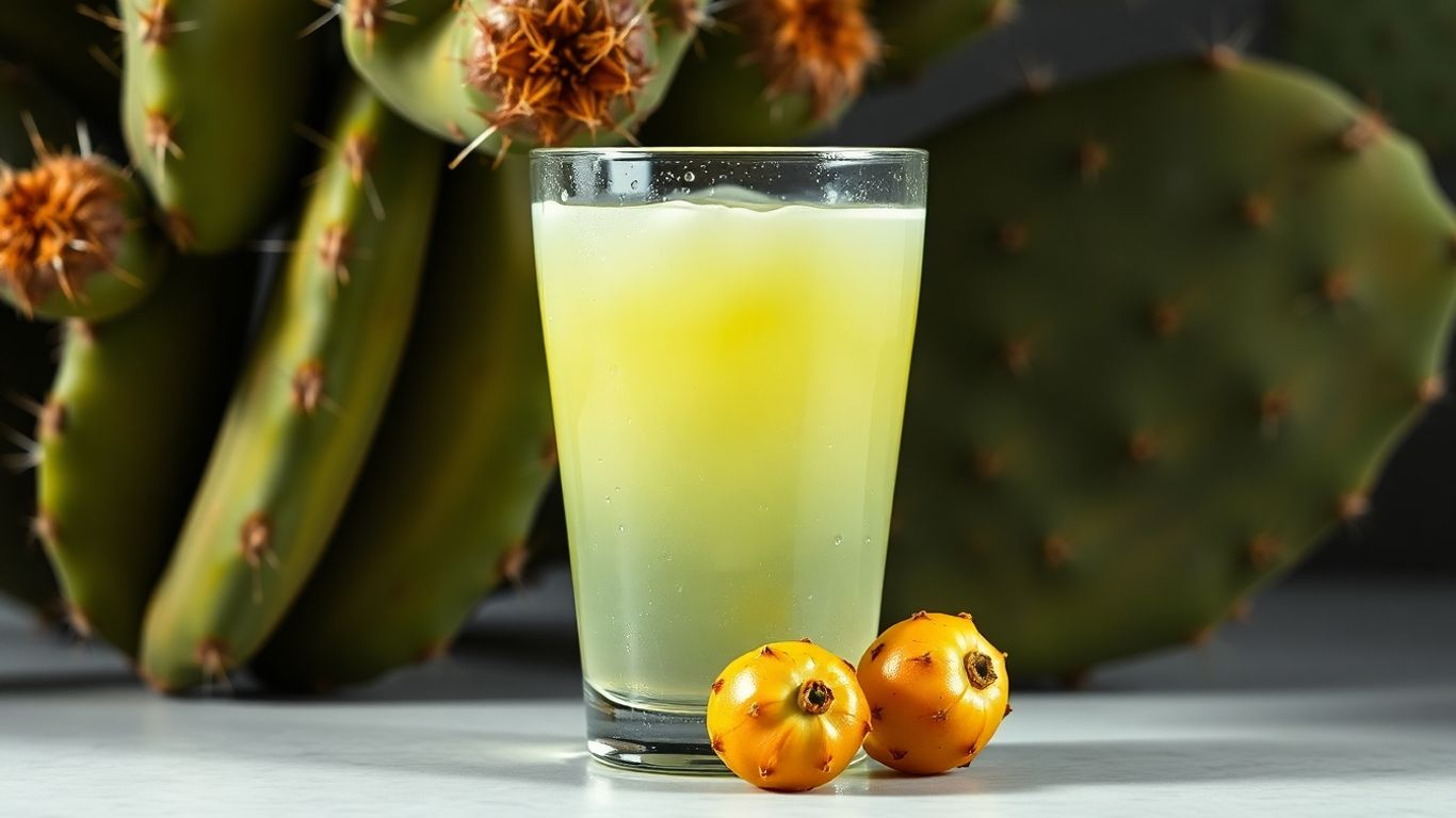 Refreshing cactus water next to a prickly pear cactus.