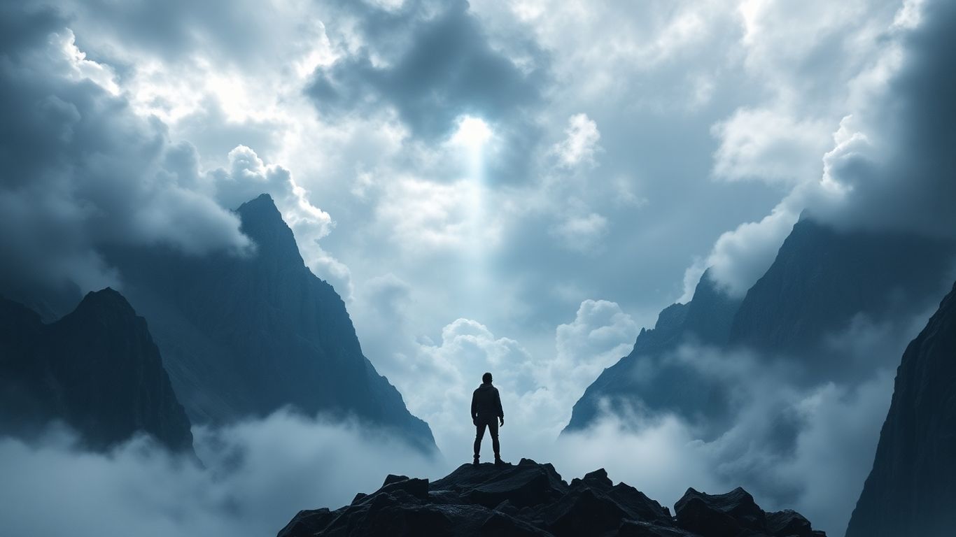 Figure on rocky outcrop against stormy sky.