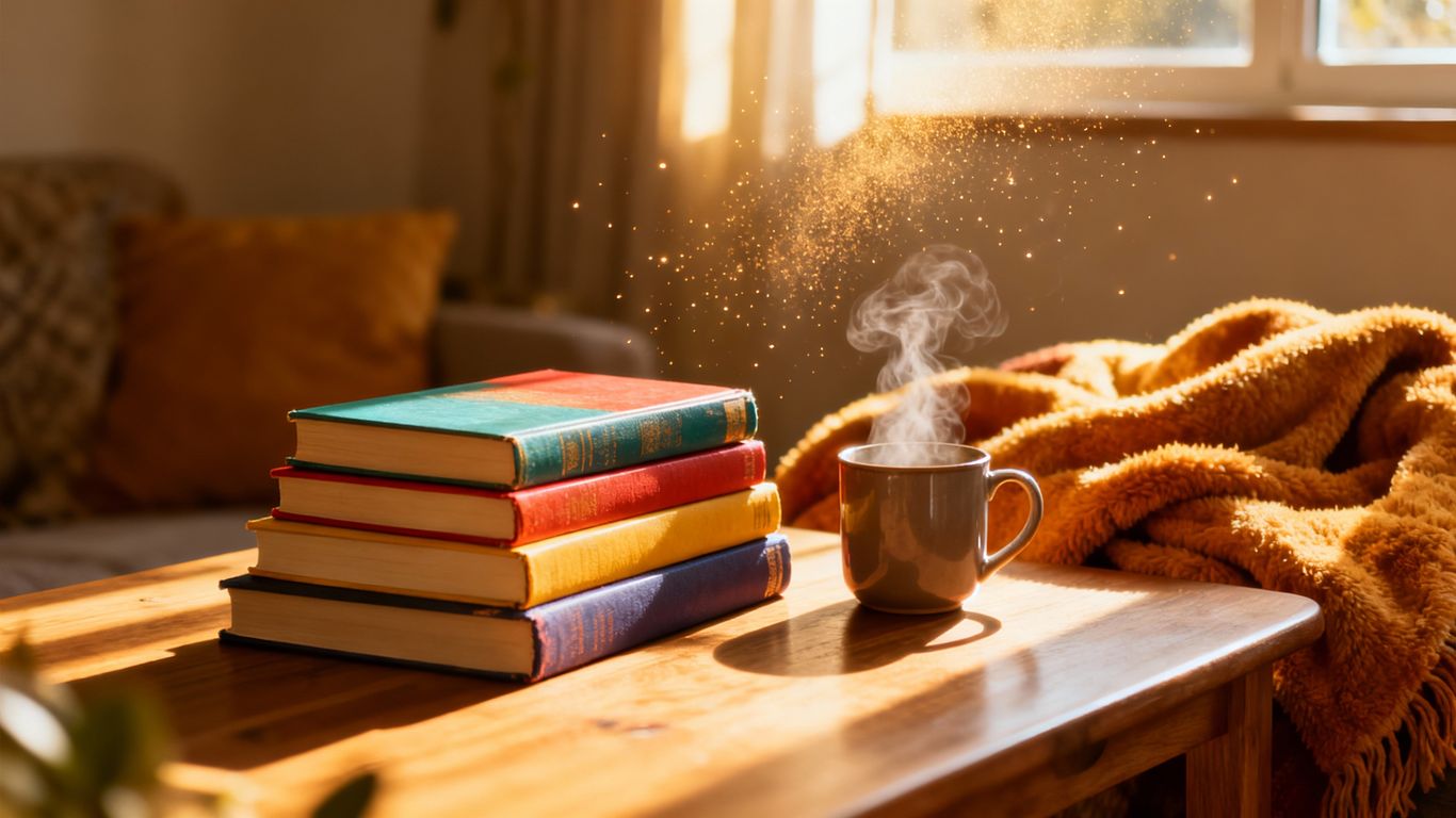 Stack of books and cozy reading nook with sunlight.