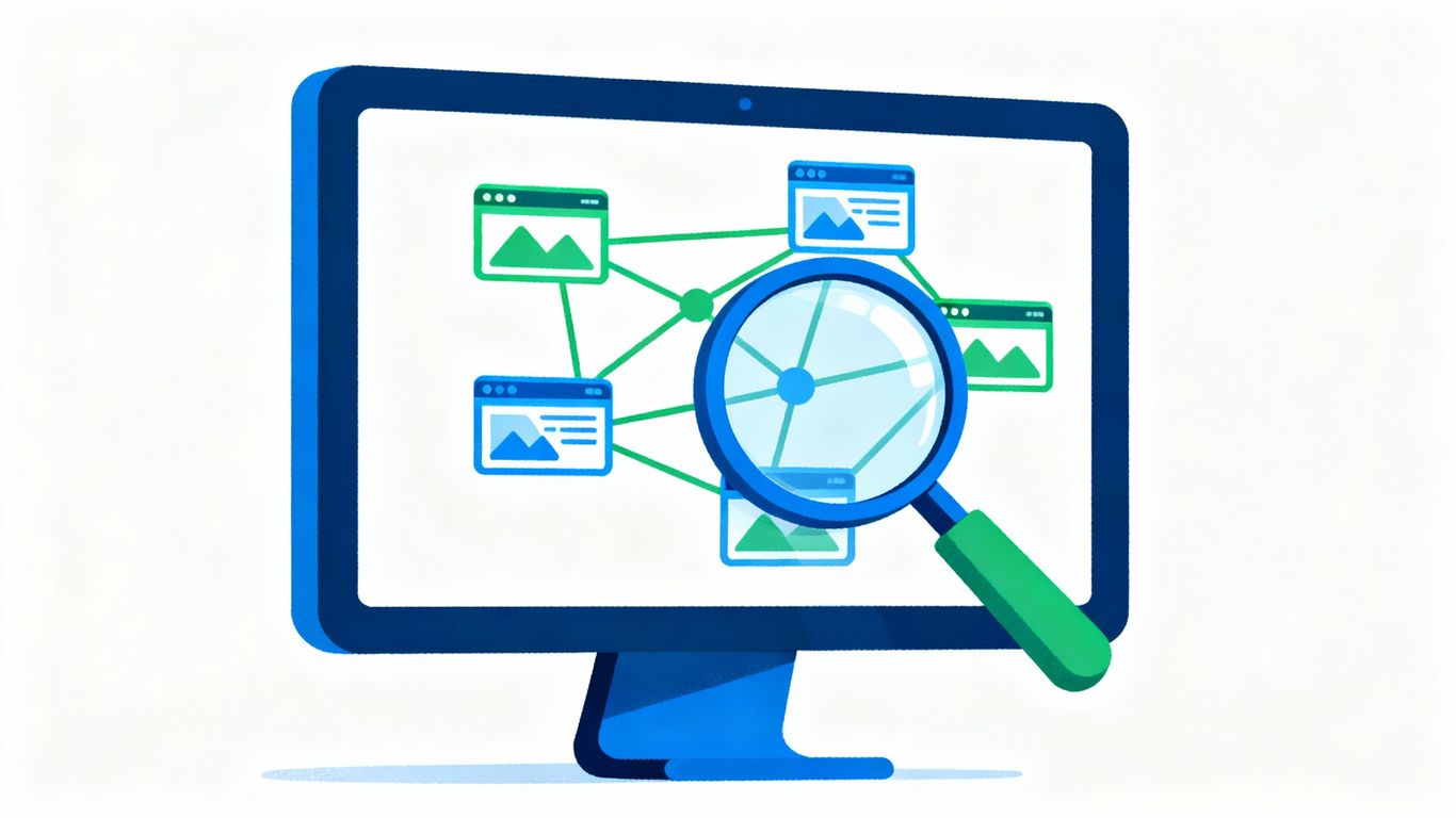 Magnifying glass over website icons for SEO analysis