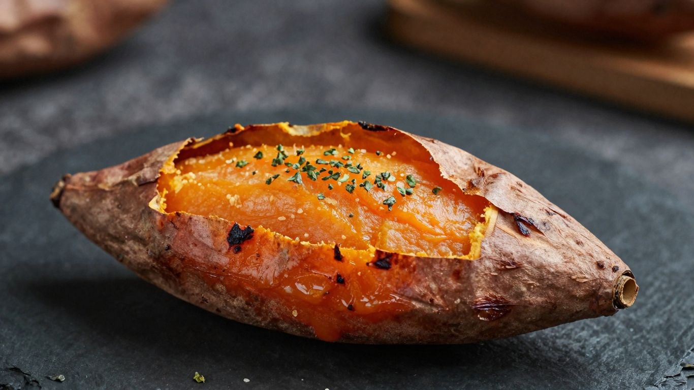 Roasted sweet potato with herbs, split open.