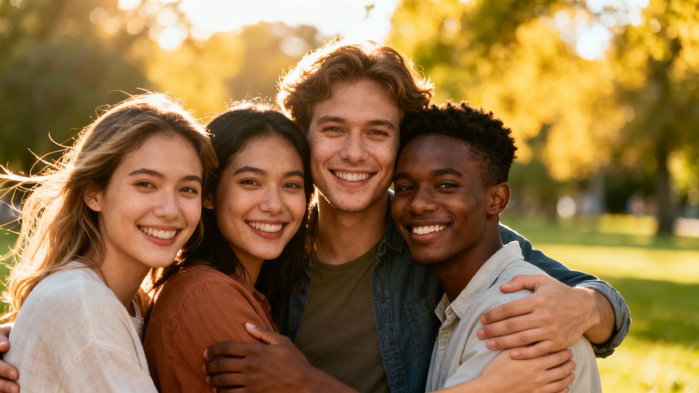 Friends embracing in a park, showing platonic love.