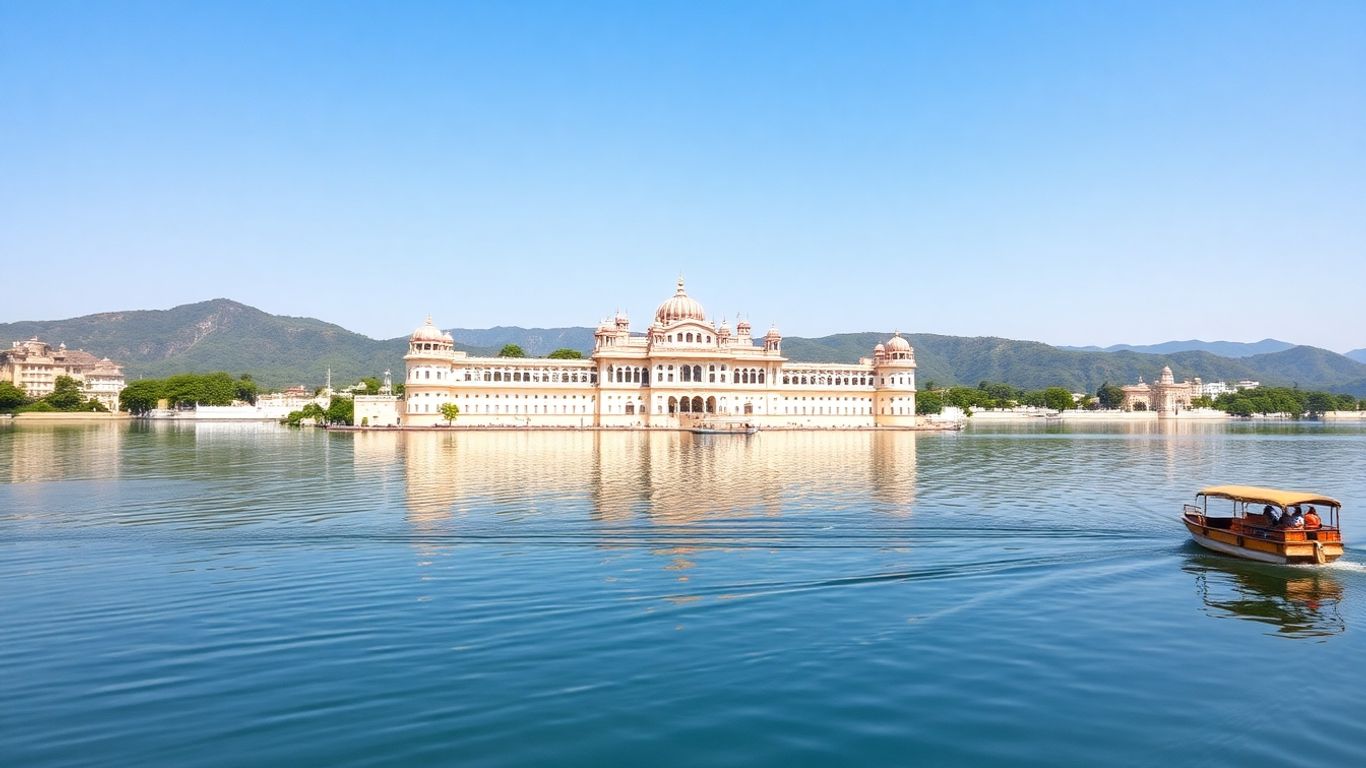 Udaipur palace reflecting in lake with boats