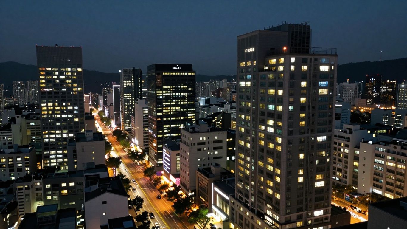Seoul cityscape with modern apartments at dusk.
