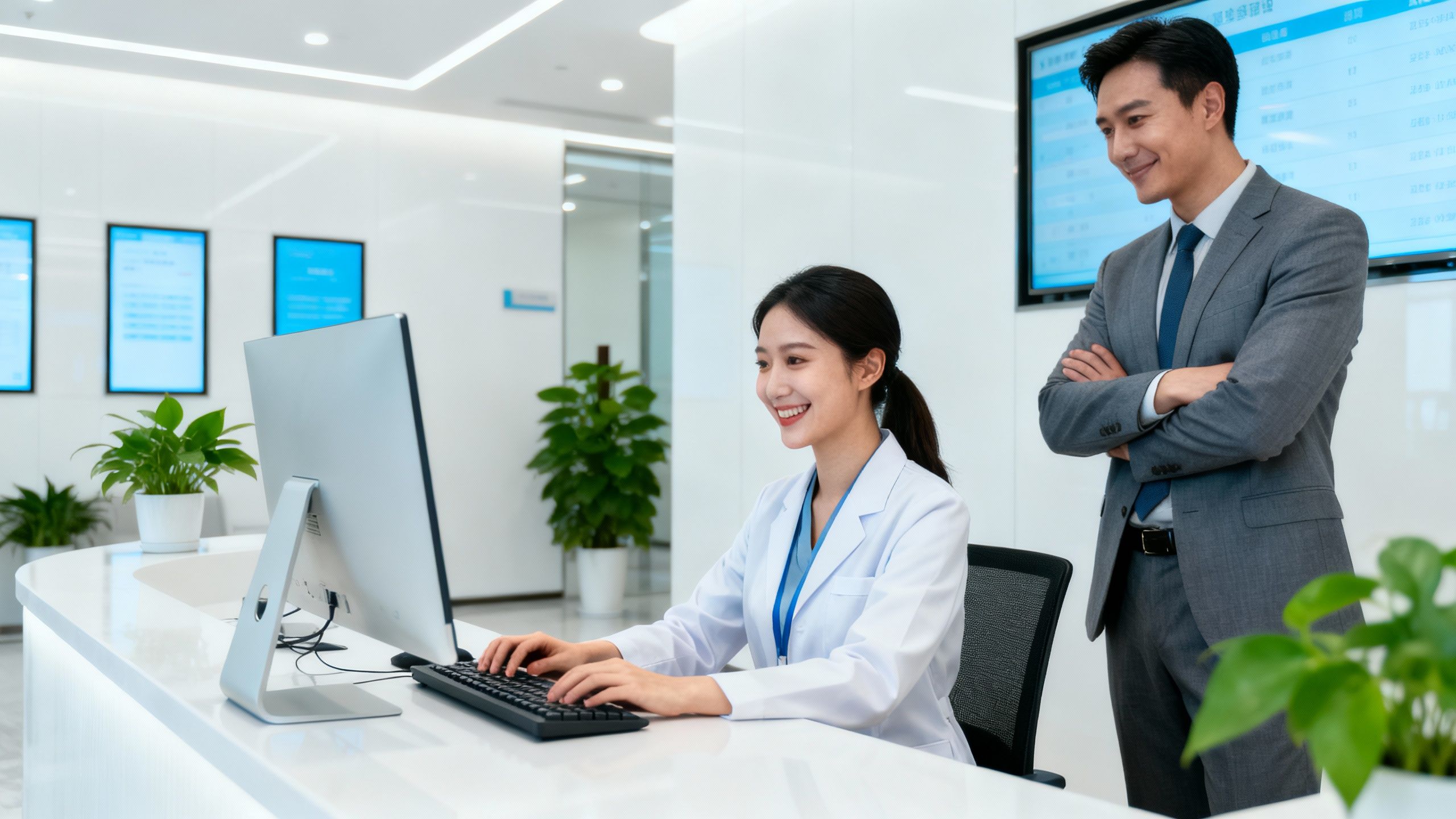 Receptionist and boss at an aesthetic clinic.