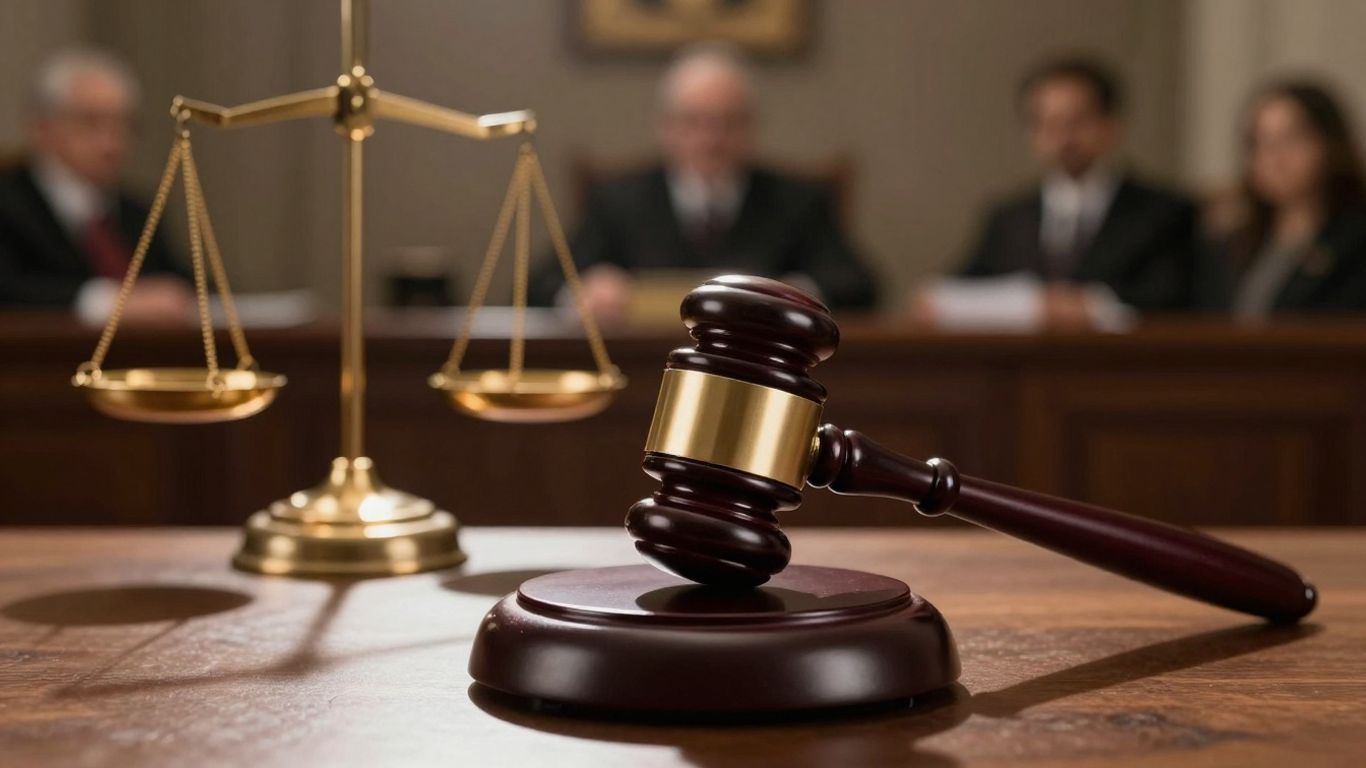 Gavel striking block in courtroom with scales of justice.