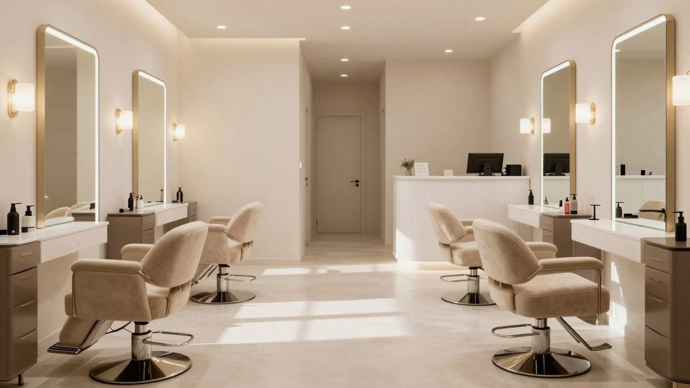 Empty, elegant beauty salon interior with soft lighting.