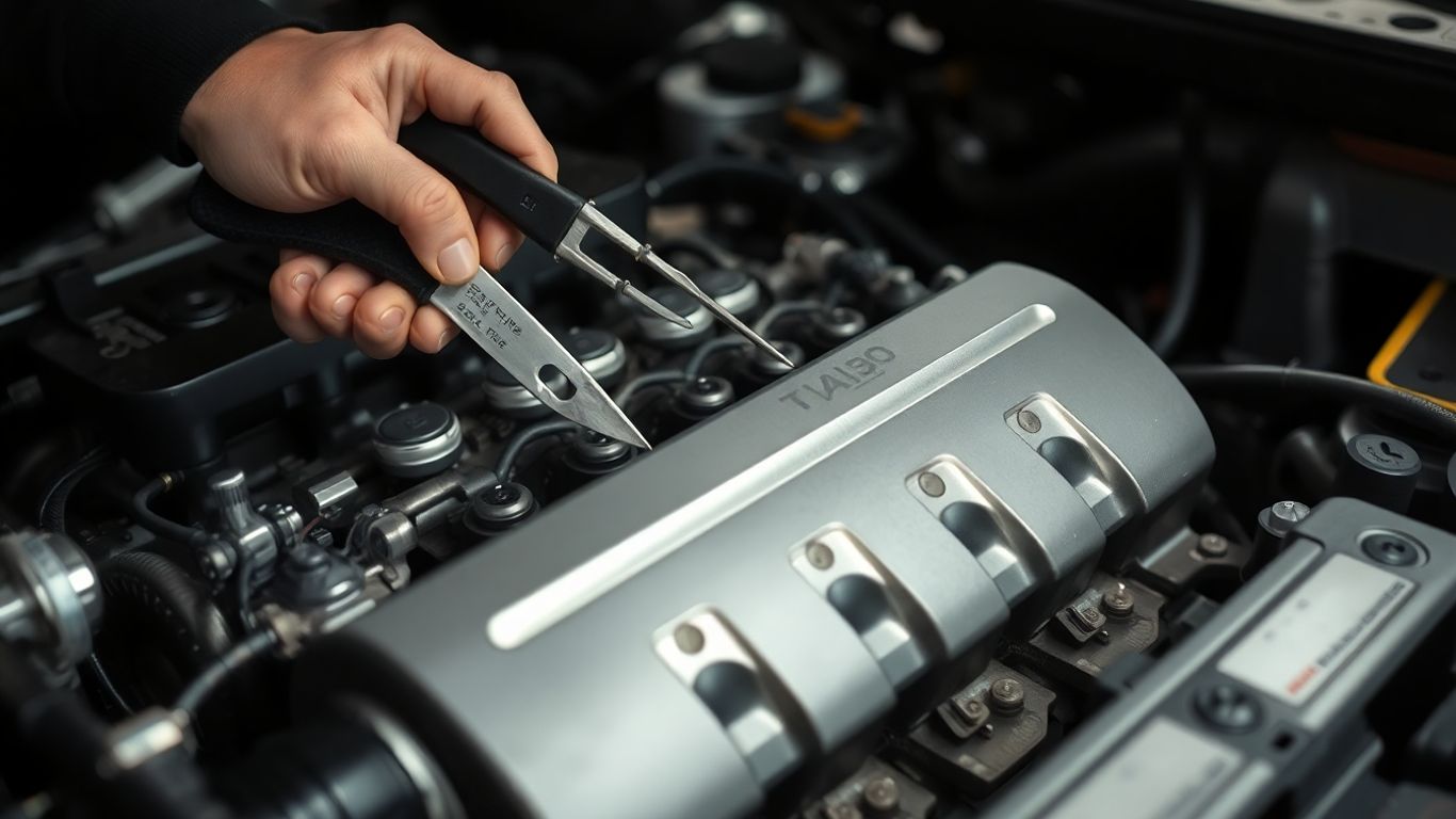 Mechanic working on a car engine with tools.