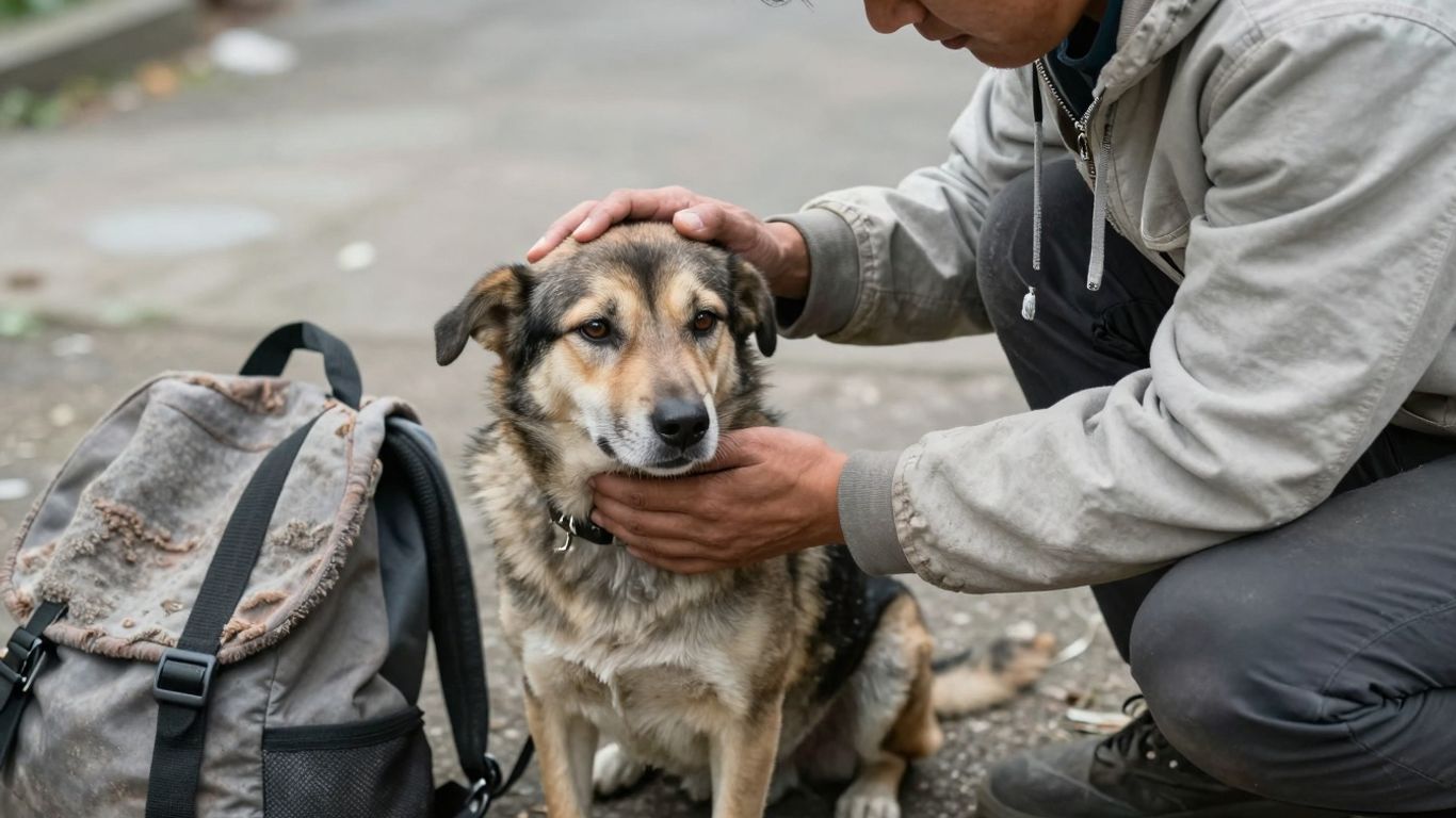 Homeless person with a dog, seeking shelter.