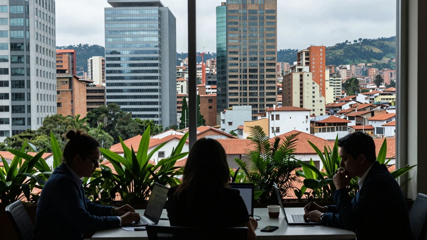 Bogota cityscape and professionals collaborating on digital marketing.