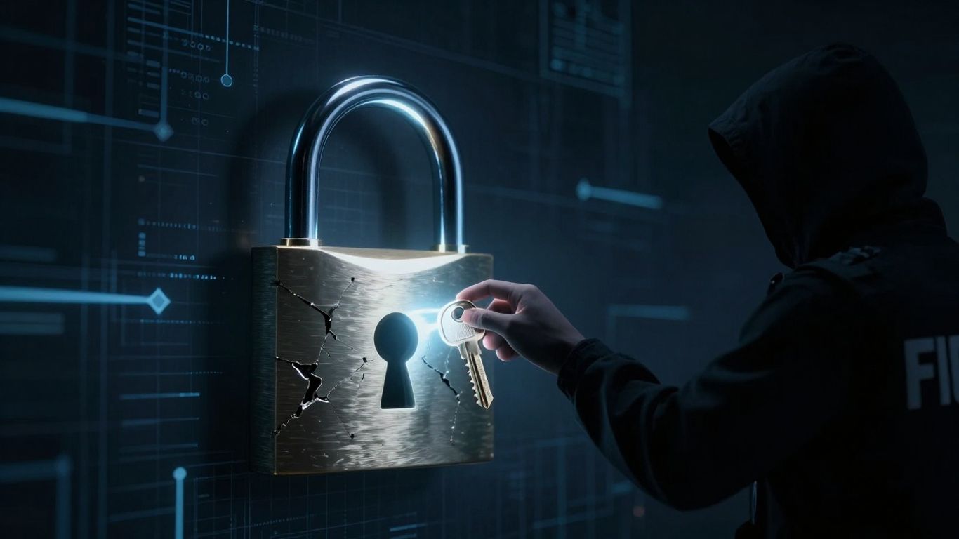 Cracked padlock with keys, FBI agent reaching.