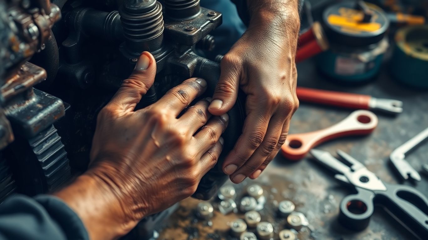 Mechanic's hands working on machinery in a workshop.