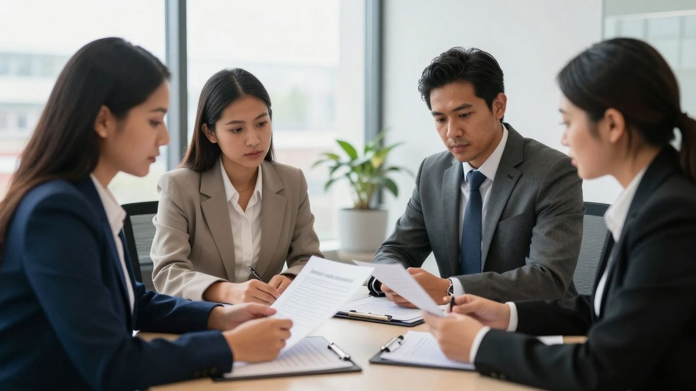 Real estate professionals discussing property documents.