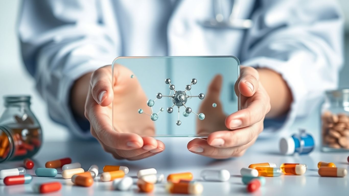 Hands hold molecular tablet, surrounded by capsules and vitamins.