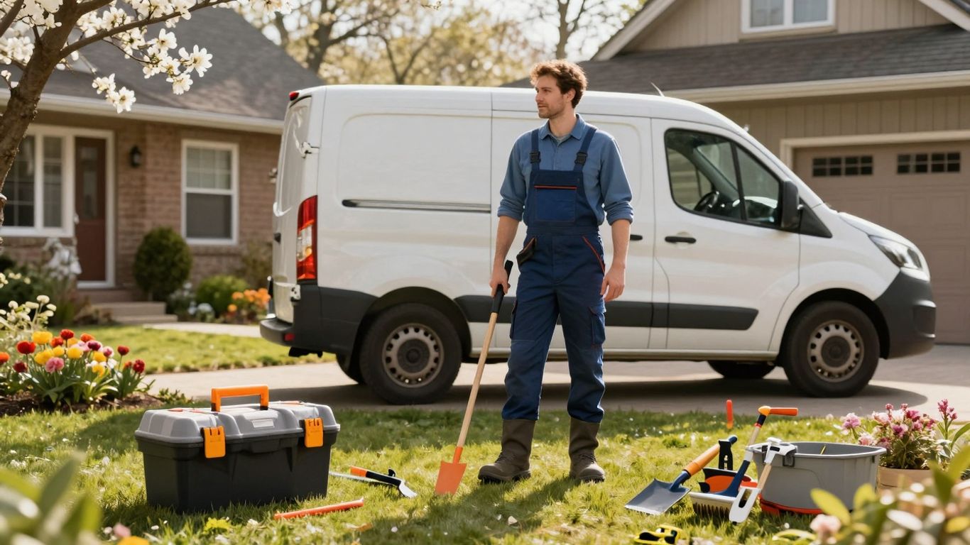 Contractor van and tools outside a home in spring.