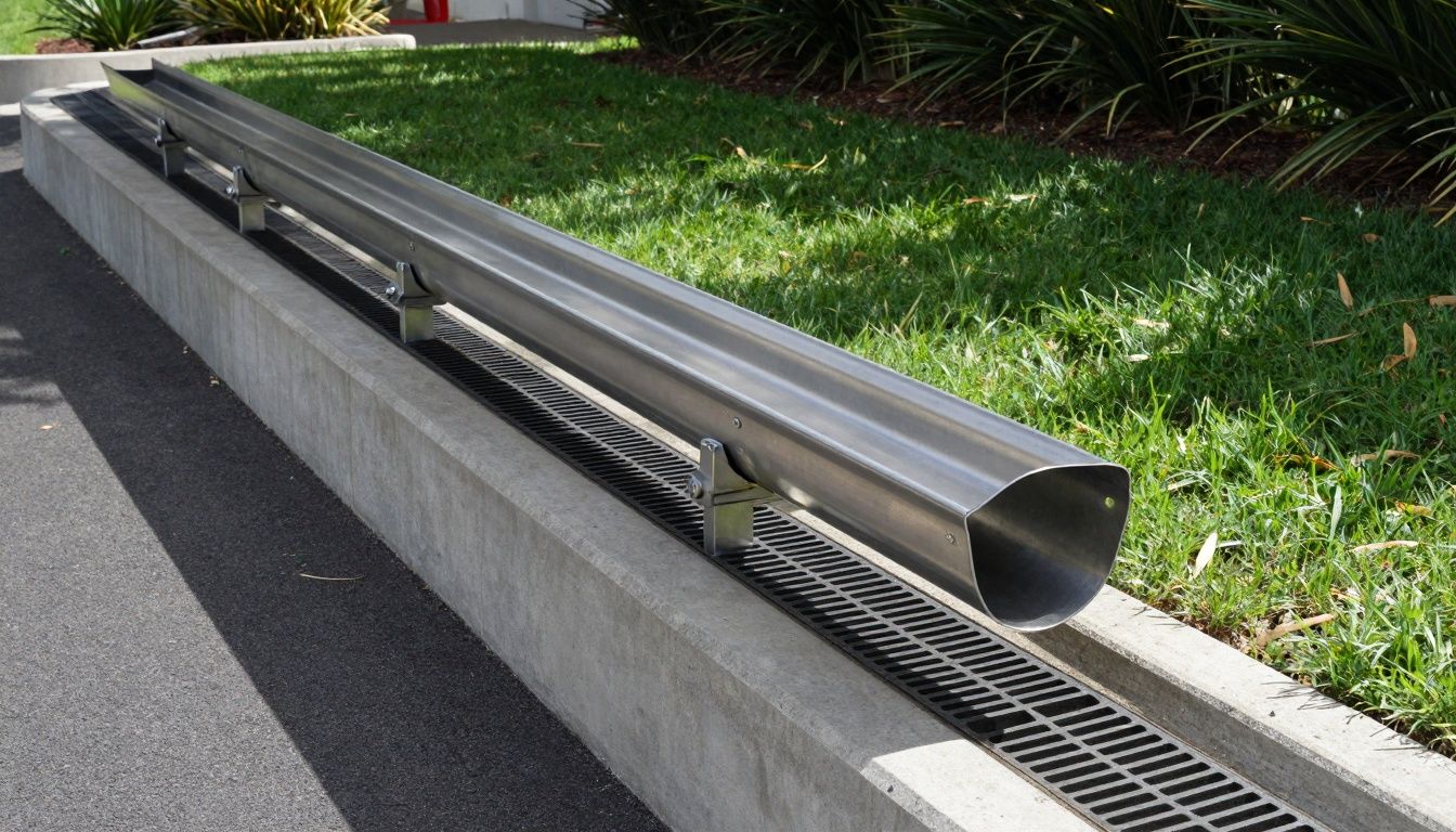 A modern, high-precision stainless steel drainage channel installed alongside a polymer concrete drainage channel in an outdoor Australian setting