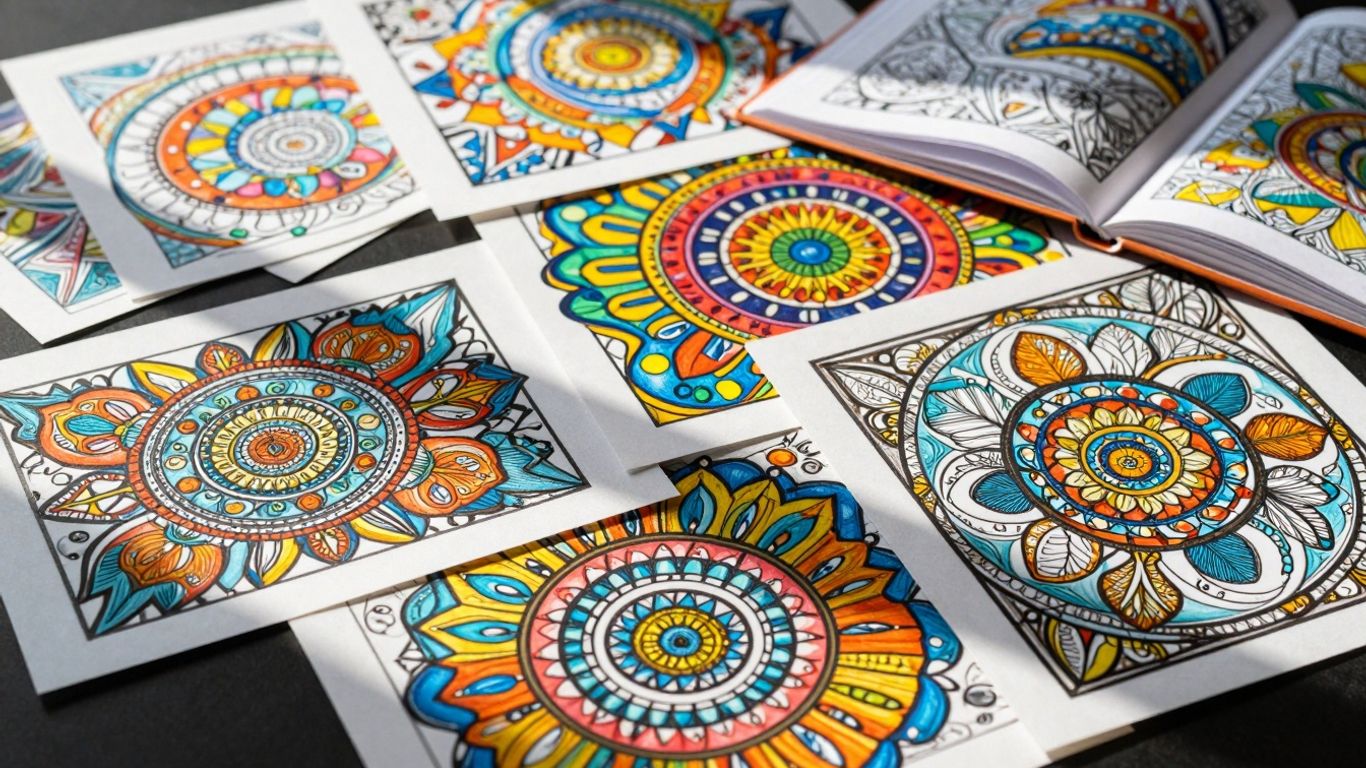 Colorful finished coloring book pages and an open book.