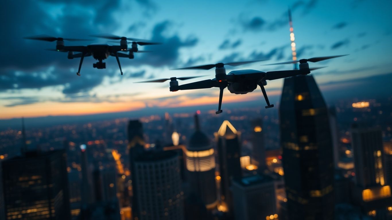 Drones flying over a city at dusk.
