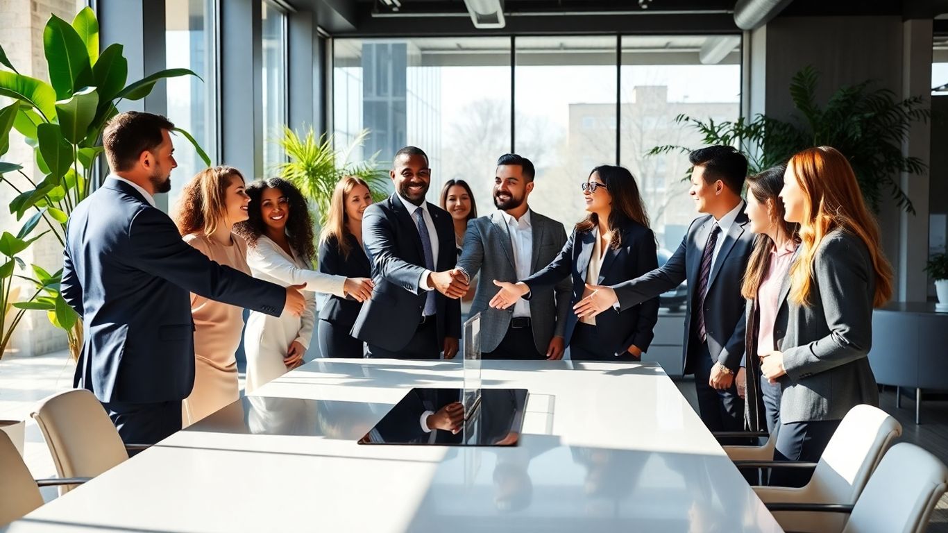 Business professionals shaking hands in a modern office setting.