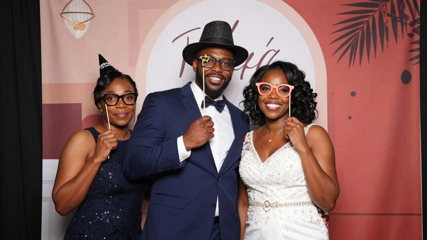 Wedding photo booth with props and happy couple in Toronto.