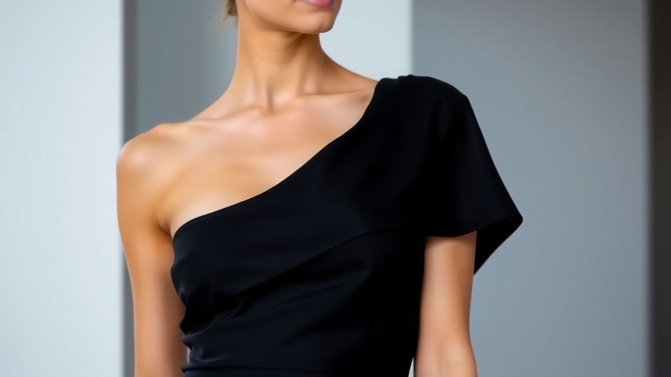 Elegant off-shoulder black cocktail dress on a model.