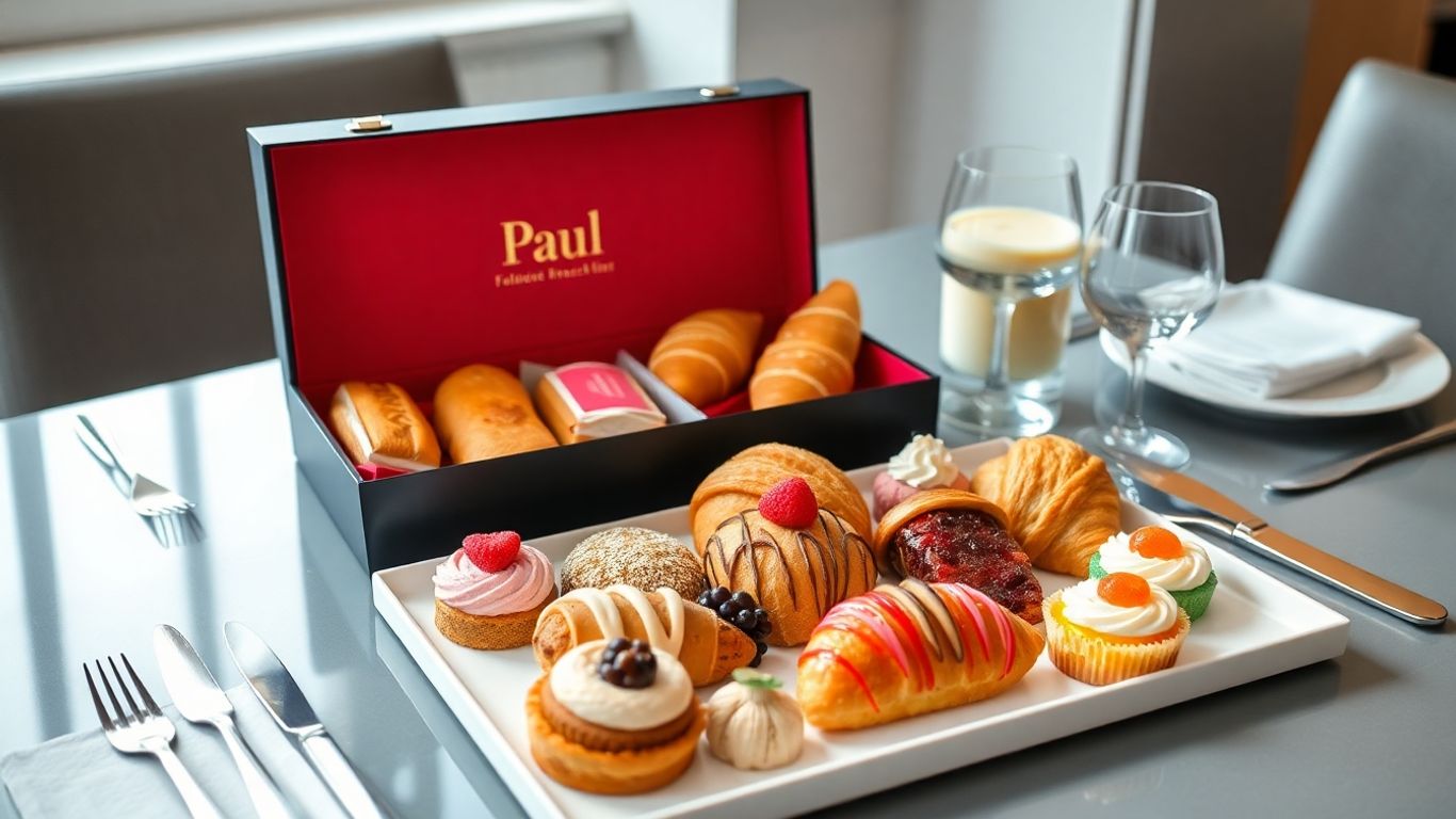 กล่องขนมฝรั่งเศสพอลพร้อมขนมหลากหลายบนโต๊ะหรู