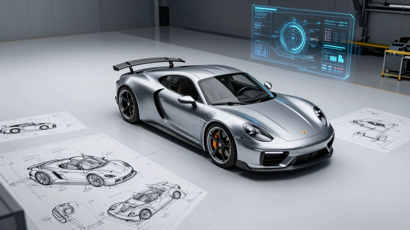 Porsche vehicles and digital interfaces in a modern workshop.