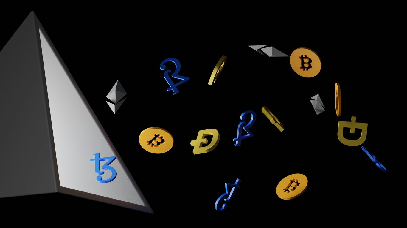 A pyramid with various cryptocurrency symbols floating around it.