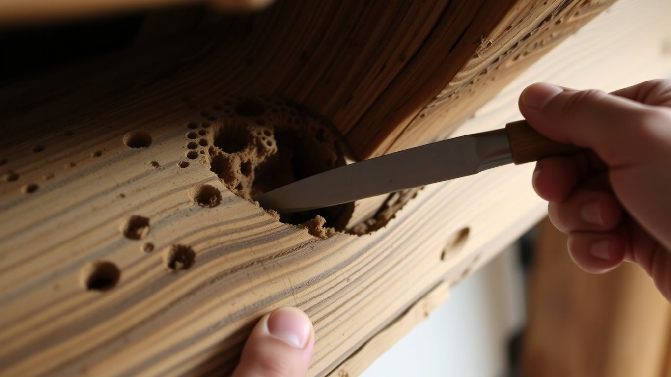 Woodworm damage in an old wooden beam, with tools for repair.