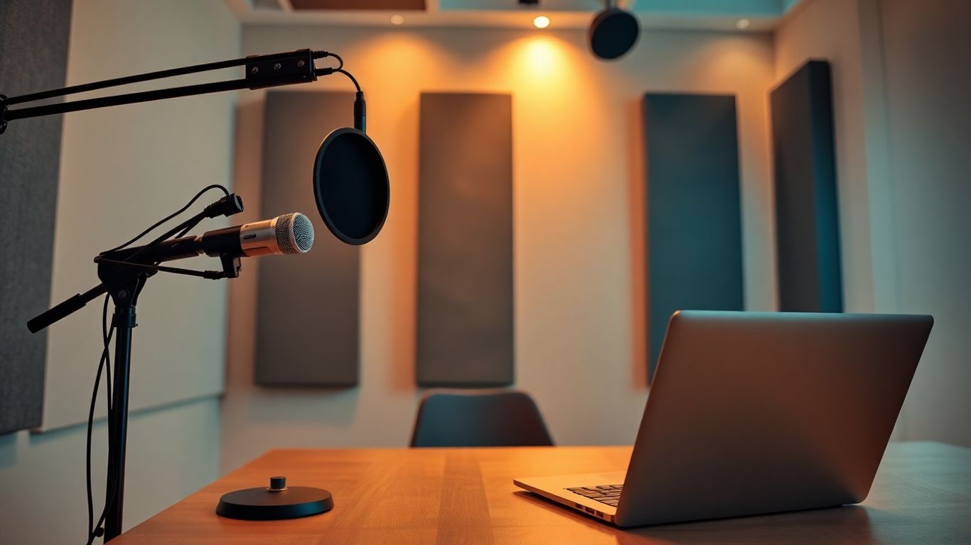 Podcast studio with microphone and laptop