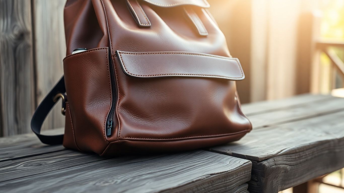 Leather backpack on a wooden surface with soft lighting.