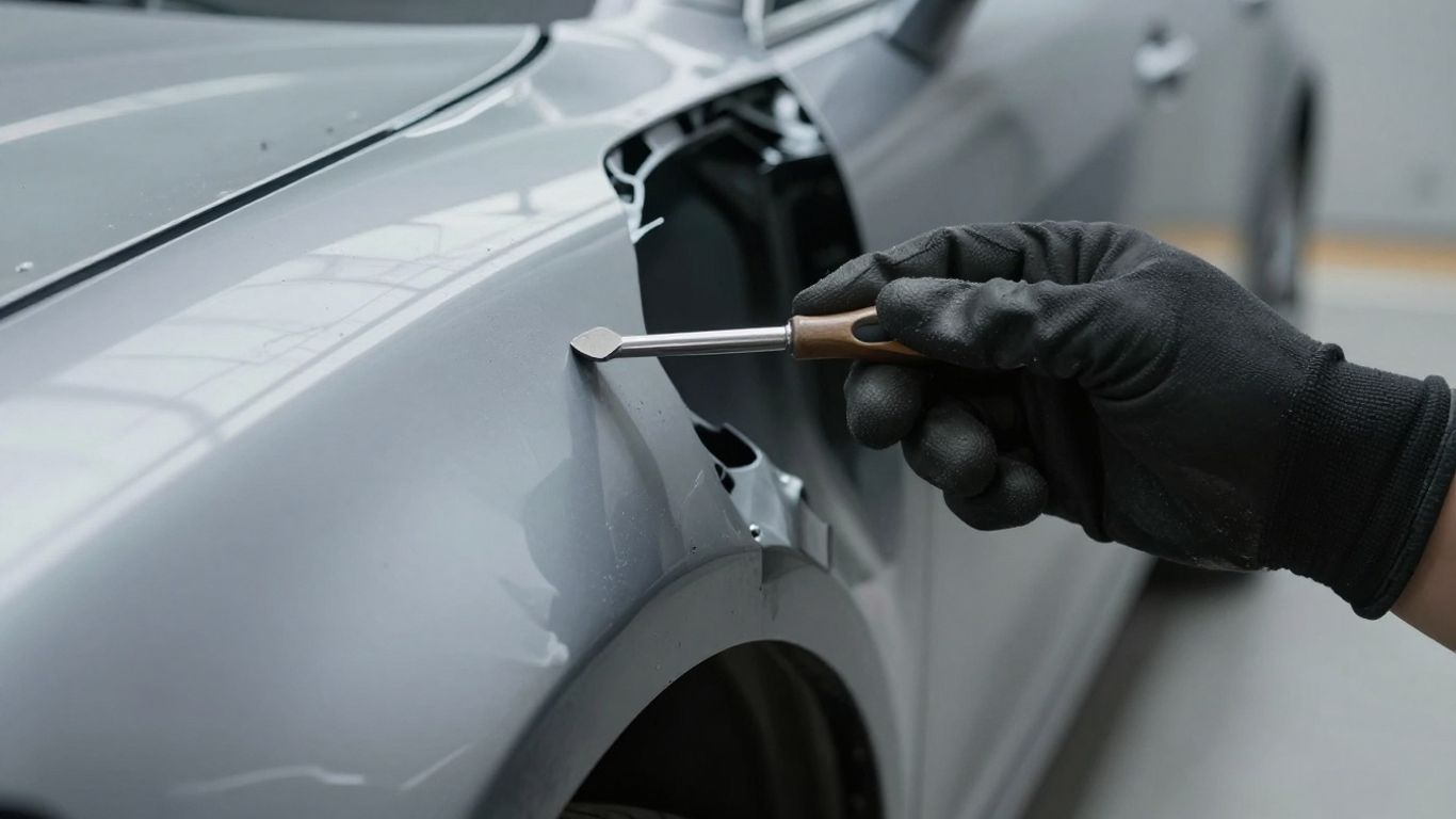 Gutachter prüft Autoteil mit Werkzeug