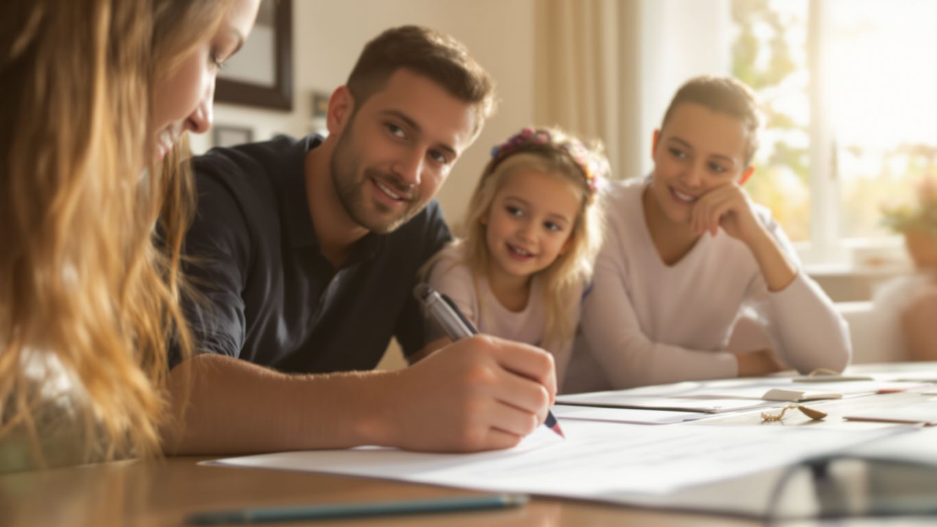 Family discussing a document in a bright living room.