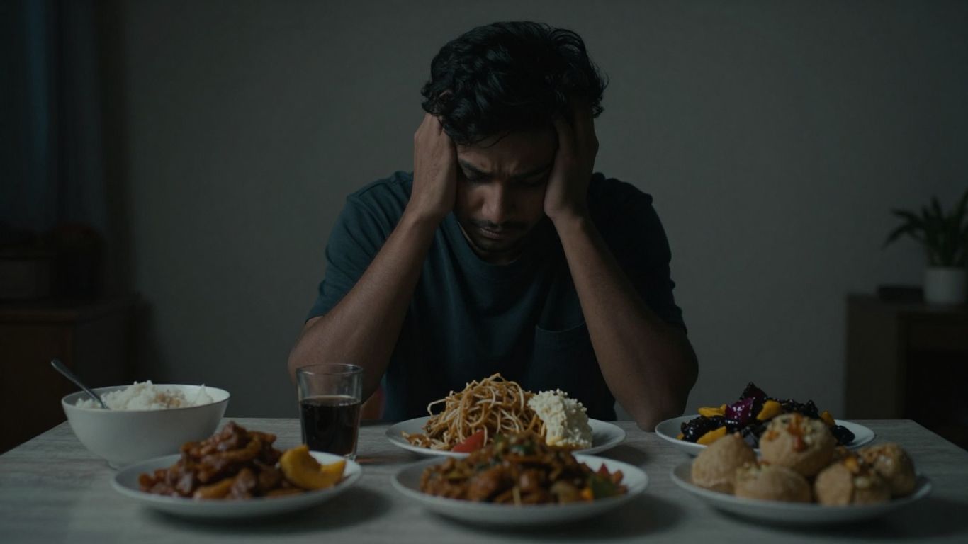 Pessoa comendo sozinha em mesa cheia de comida.