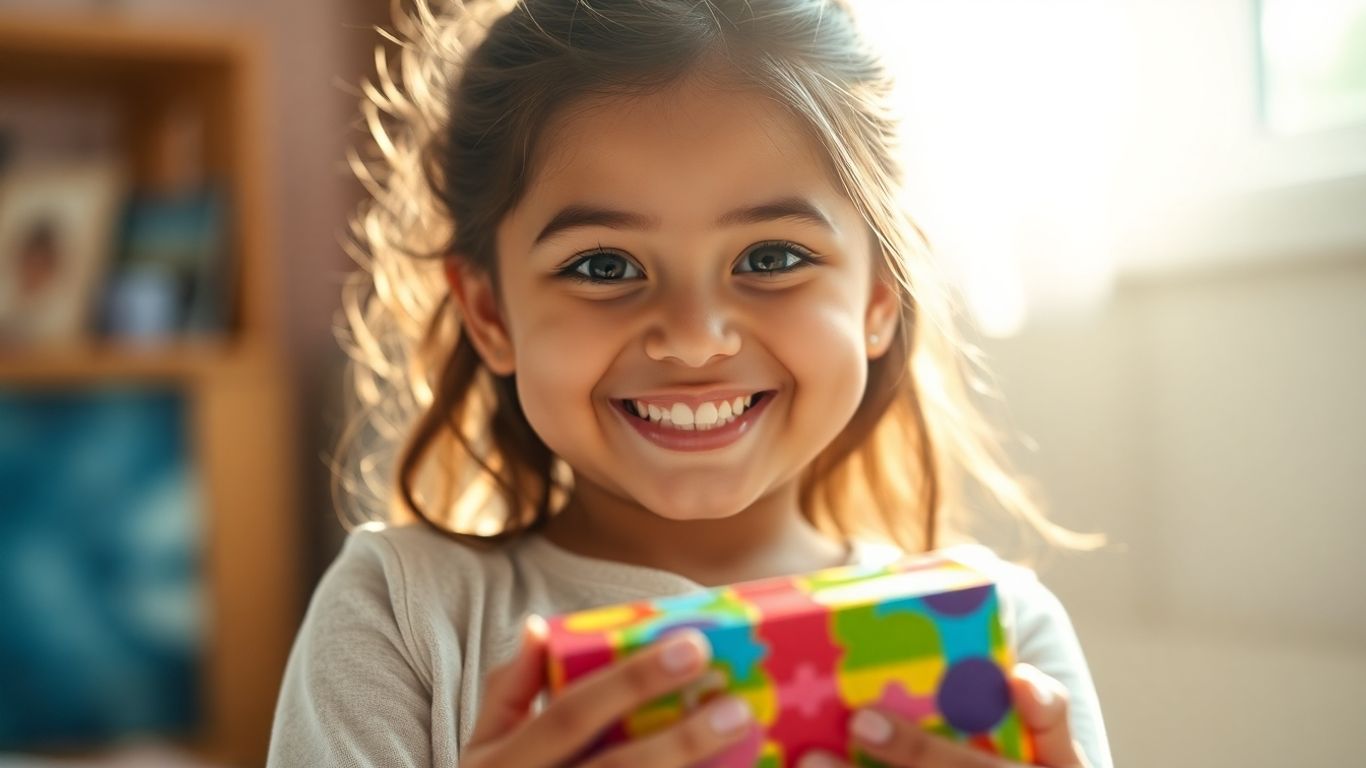 Happy girl plays with a colorful birthday gift.